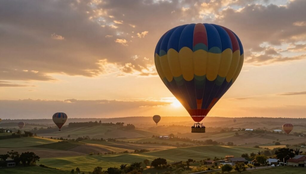 Romantic hot air balloon floating over scenic countryside at sunrise
