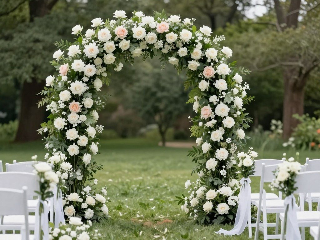 Romantic outdoor wedding ceremony with floral arch and white chair decorations