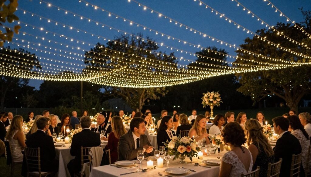 Romantic outdoor wedding reception under a canopy of fairy lights Romantic outdoor wedding reception under a canopy of fairy lights