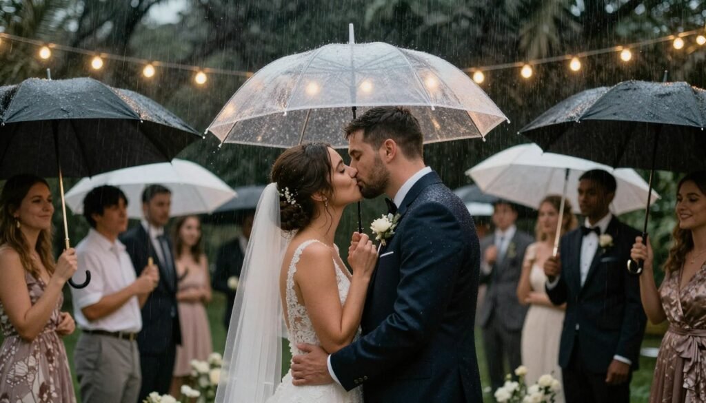 Romantic rainy wedding moment under umbrella