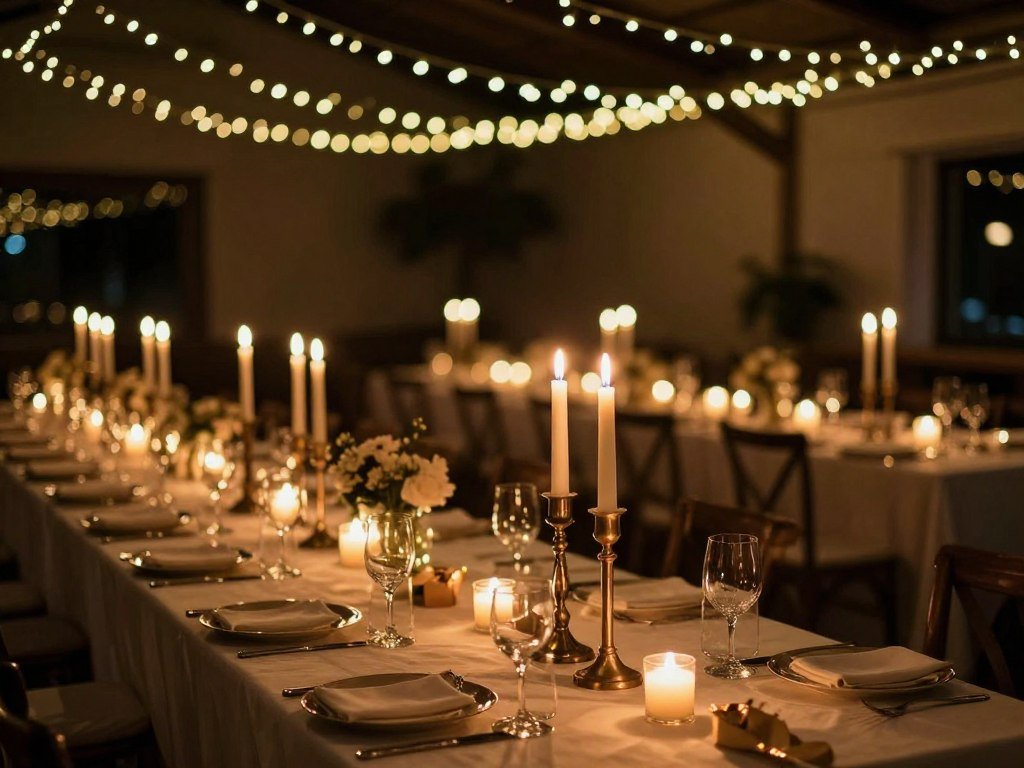 Romantic rehearsal dinner lighting with candles, string lights and soft ambient glow