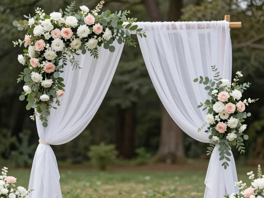 Romantic wedding arch backdrop with flowers and fabric draping Romantic wedding arch backdrop with flowers and fabric draping