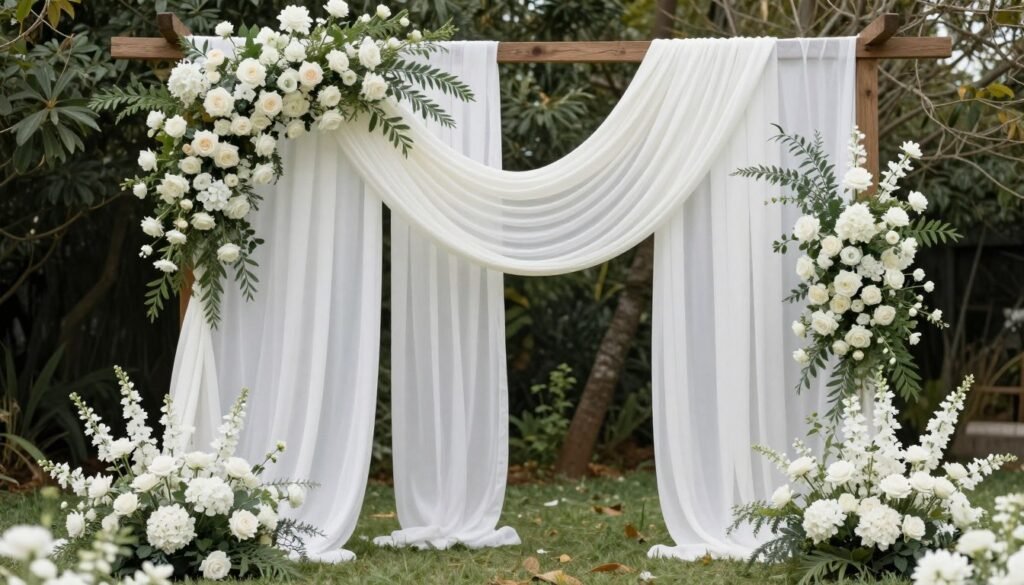 Romantic wedding ceremony backdrop with draped fabric and floral arrangements