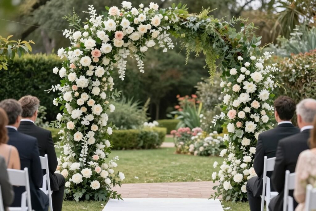 Romantic wedding ceremony with a lush floral arch in white and blush tones