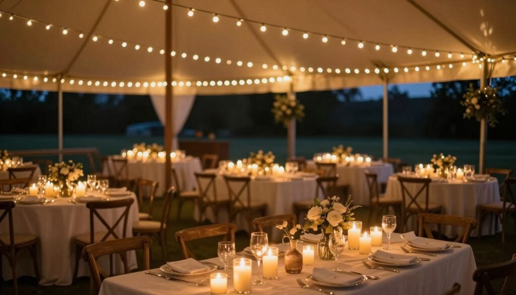 Romantic wedding reception with string lights and candlelight