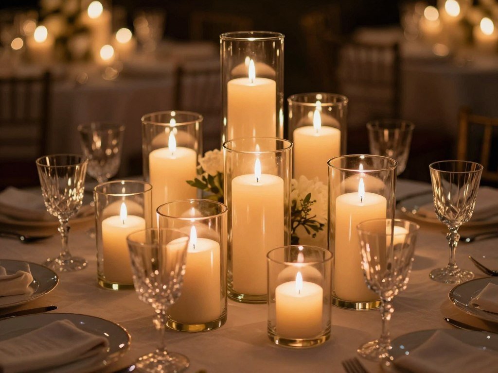 Romantic wedding table setting with clusters of candles in hurricane glasses
