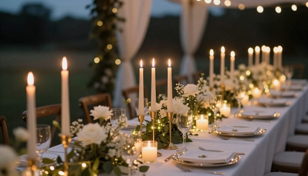 Romantic wedding table with multiple taper candles in gold holders, fairy lights, and soft floral centerpieces
