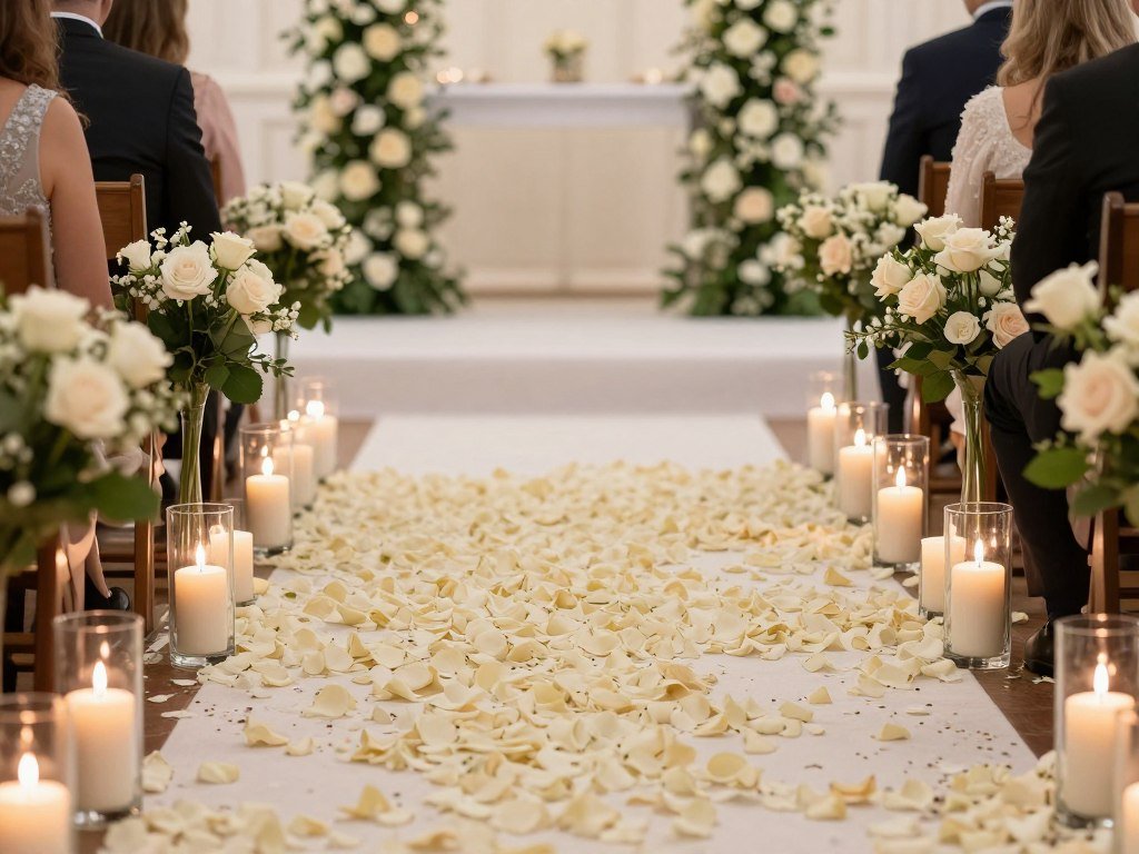 Rose petals scattered along wedding aisle with candles creating romantic pathway Rose petals scattered along wedding aisle with candles creating romantic pathway