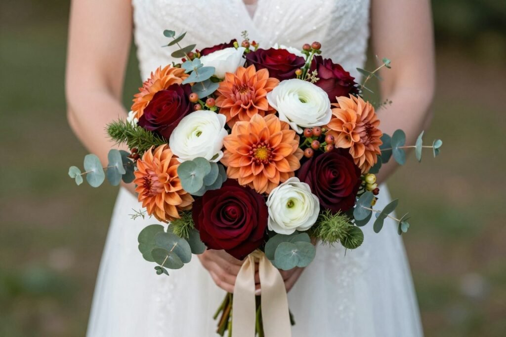 Round fall wedding bouquet with mixed autumn flowers Round fall wedding bouquet with mixed autumn flowers