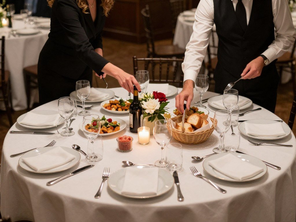 Round wedding table showing proper placement of decor elements for dining functionality