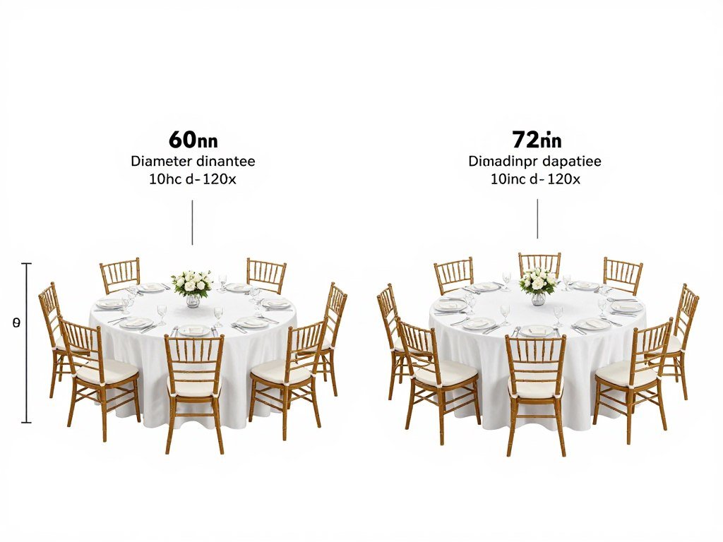 Round wedding table size comparison showing 60-inch and 72-inch options with different seating capacities