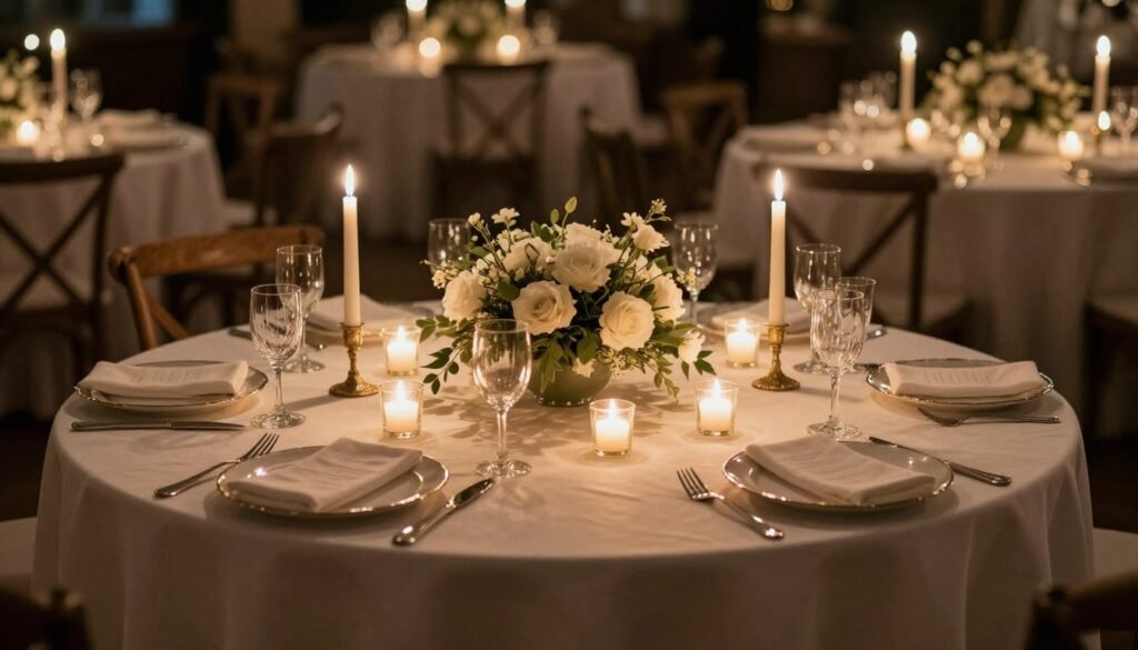 Round wedding table with candles and soft lighting creating a romantic atmosphere