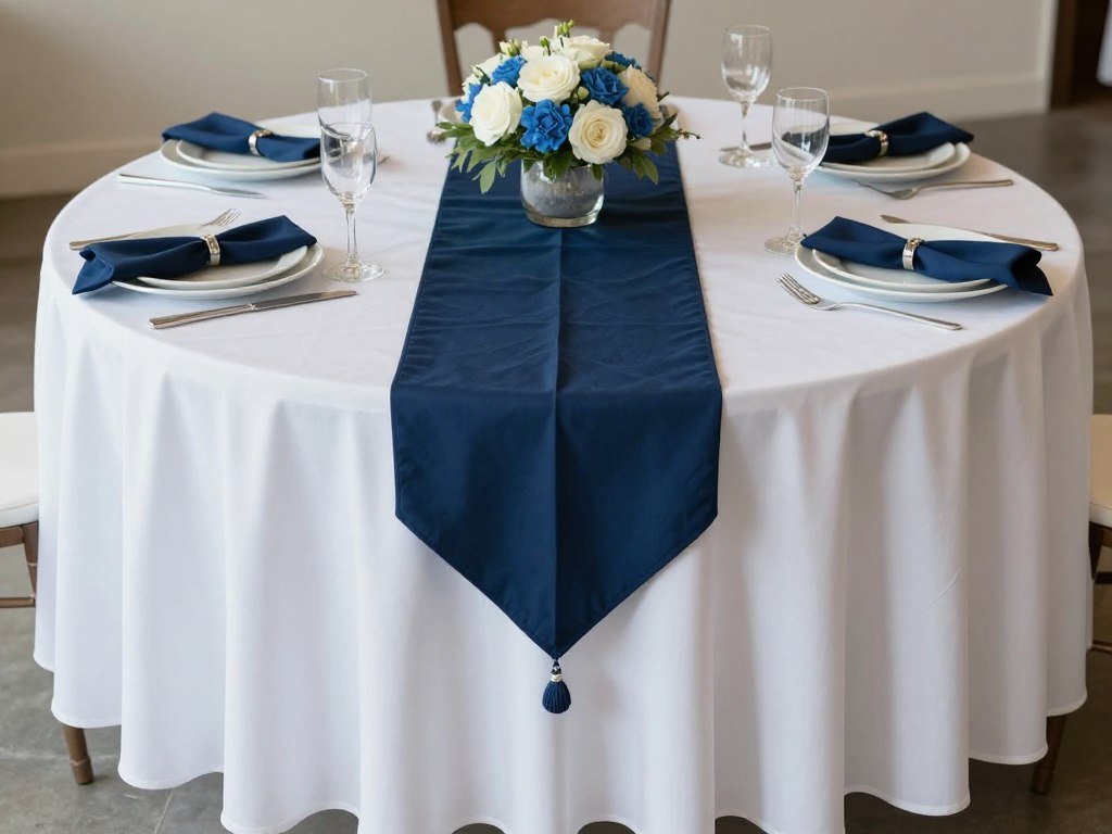 Round wedding table with layered linens including a table runner and napkins