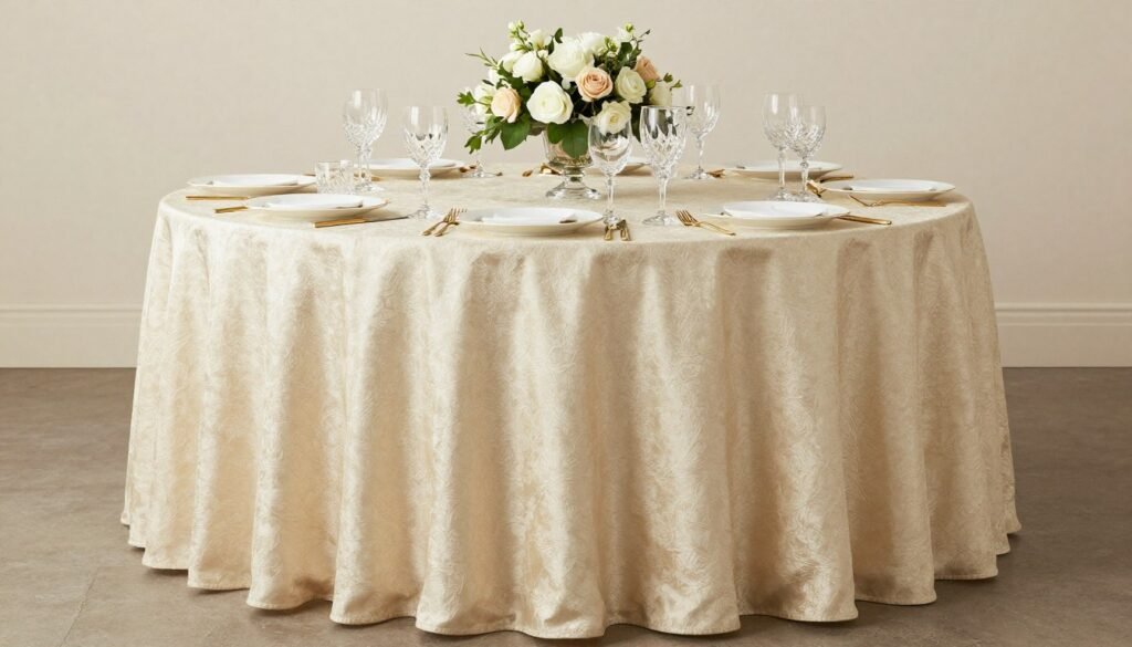 Round wedding table with luxurious textured tablecloth and elegant place settings