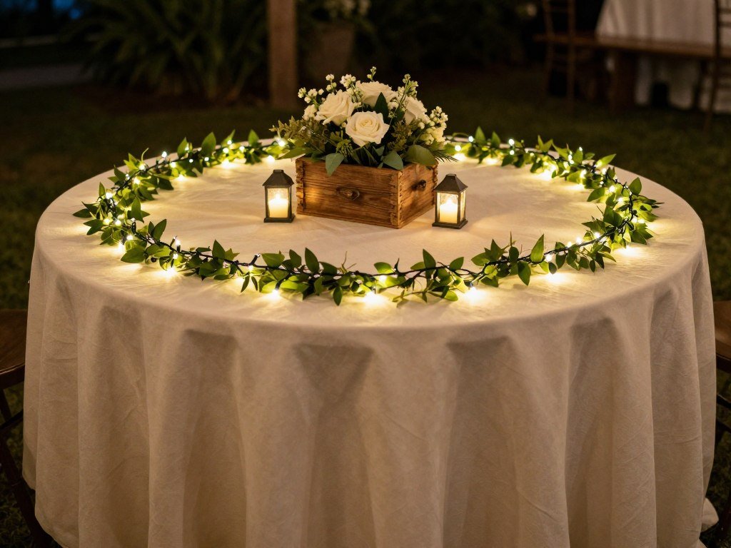 Round wedding table with string lights and lanterns creating a magical atmosphere