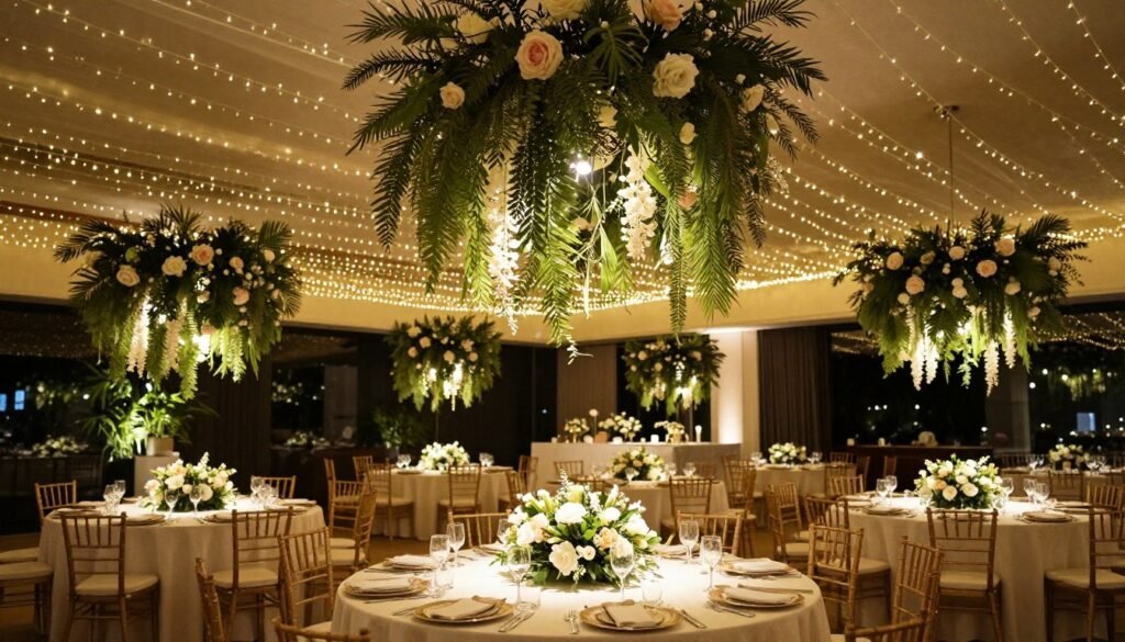 Round wedding tables under hanging floral installations and string lights