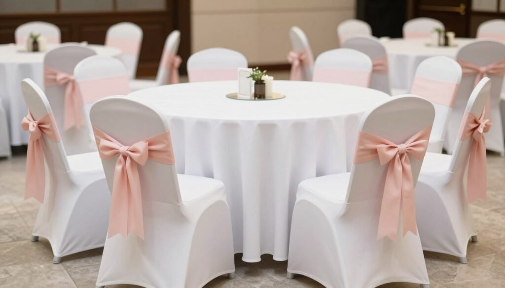 Round wedding tables with elegantly decorated chairs featuring white covers and blush sashes
