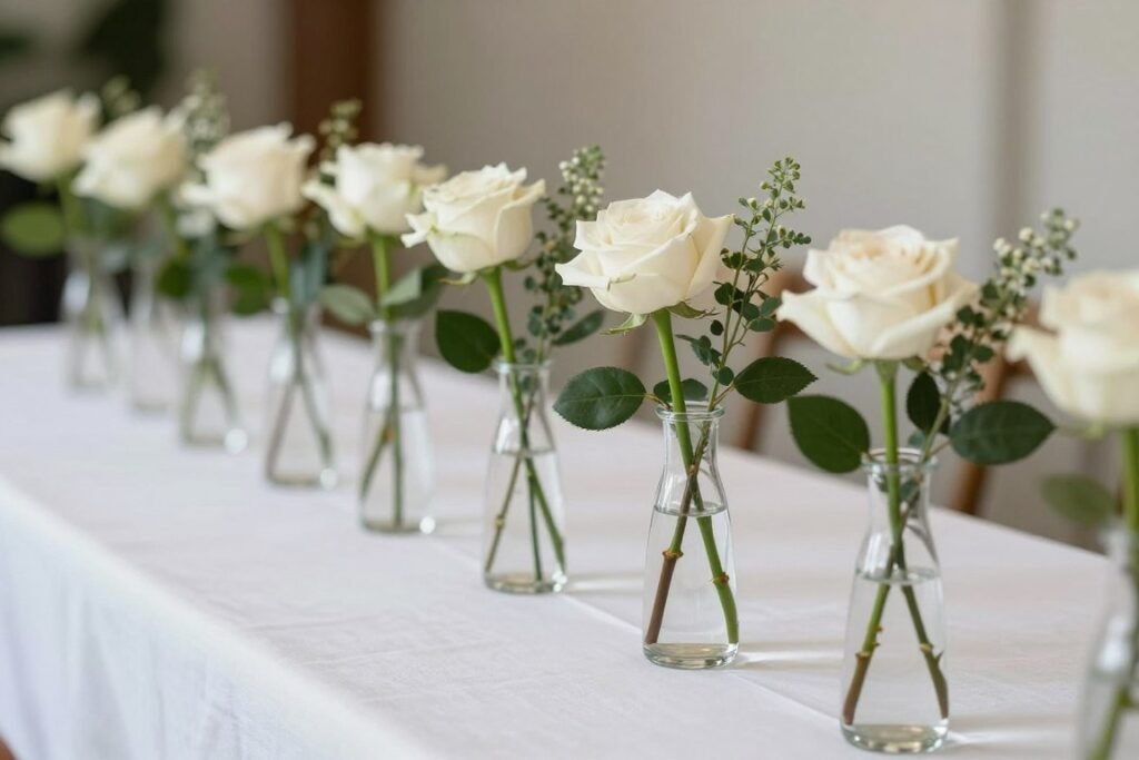 Row of clear bud vases with single stems of white roses and greenery on a simple linen tablecloth