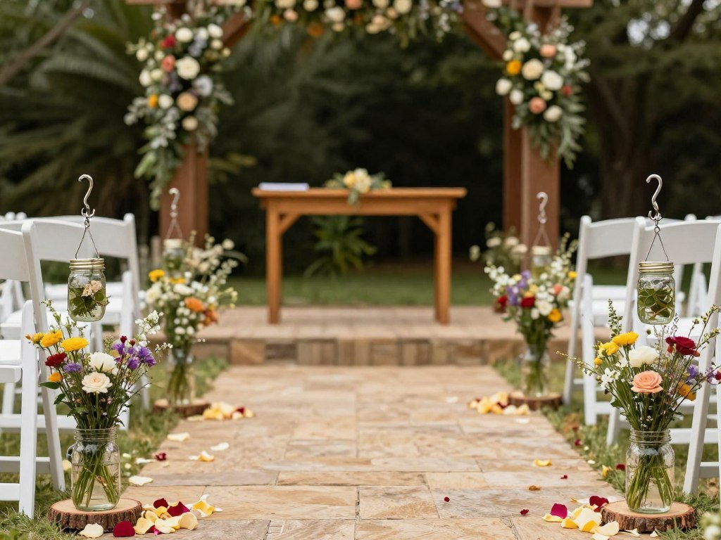 Rustic aisle decor with wooden elements and wildflowers in mason jars