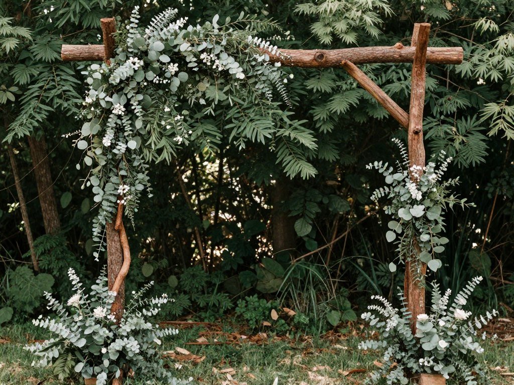 Rustic backdrop made with natural materials like branches and greenery Rustic backdrop made with natural materials like branches and greenery