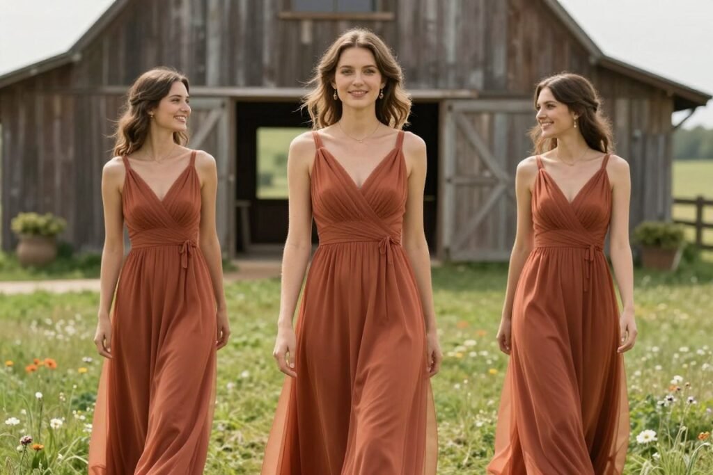 Rustic barn wedding bridesmaid dress earth tones