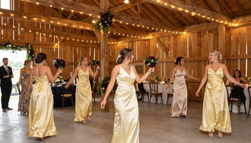 Rustic barn wedding reception with butter yellow bridesmaid dresses and string lights