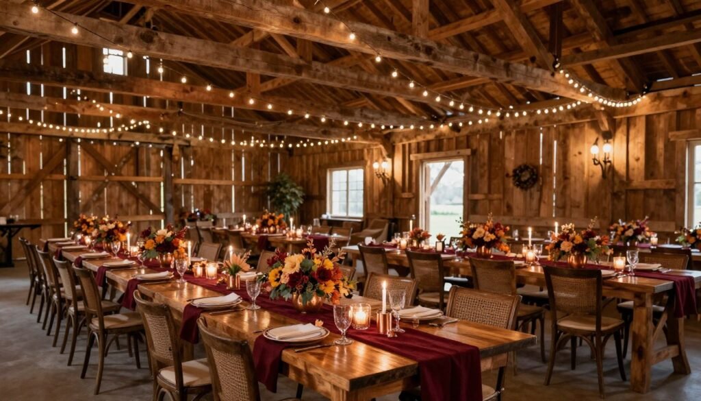 Rustic barn wedding reception with fall decorations and string lights Rustic barn wedding reception with fall decorations and string lights