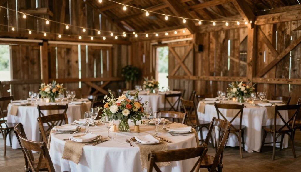 Rustic barn wedding reception with wooden elements, burlap details, and wildflower centerpieces