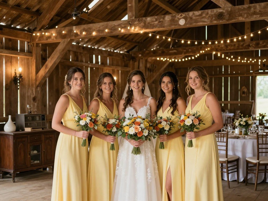 Rustic barn wedding setup with butter yellow bridesmaid dresses and wooden details