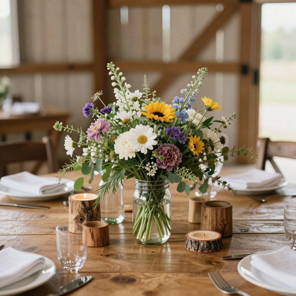 Rustic barn wedding table centerpiece with wooden elements, wildflowers in mason jars Rustic barn wedding table centerpiece with wooden elements, wildflowers in mason jars