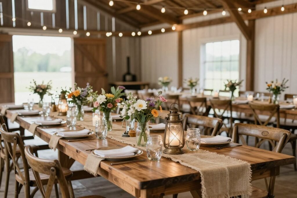 Rustic barn wedding with wood and burlap decorations