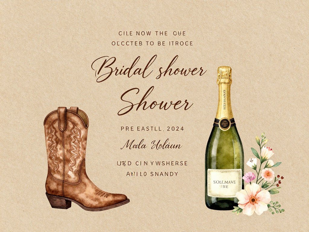 Rustic bridal shower invitation featuring cowboy boots and champagne illustrations