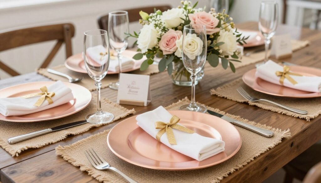 Rustic bridal shower table setting with rose gold accents