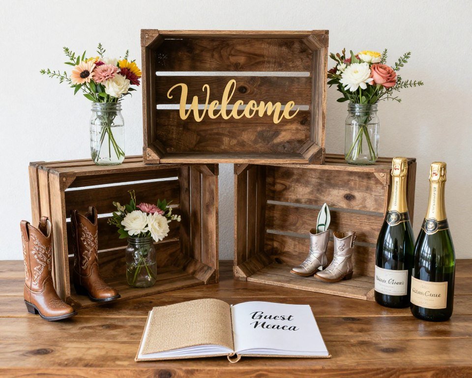 Rustic bridal shower welcome table with guest book and decorations