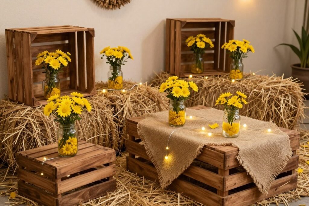 Rustic countryside themed haldi decoration with wooden elements