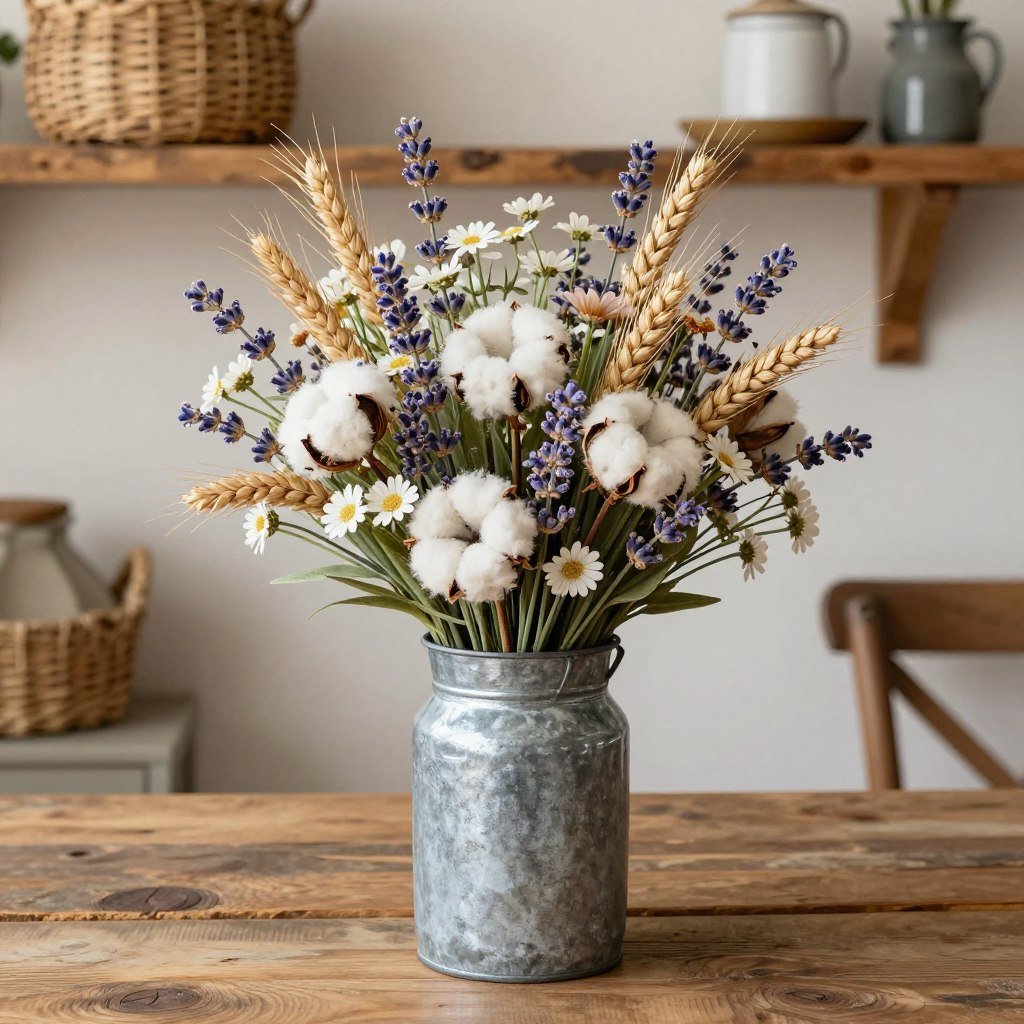 Rustic fake flowers decor with wildflowers and cotton stems in a galvanized metal container Rustic fake flowers decor with wildflowers and cotton stems in a galvanized metal container