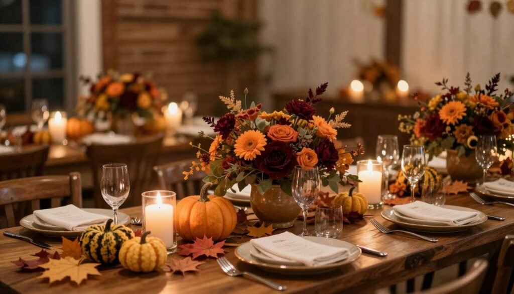Rustic fall wedding with autumn leaves and pumpkins