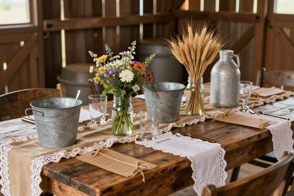 Rustic farmhouse bridal shower decorations with wooden elements, burlap, and wildflowers