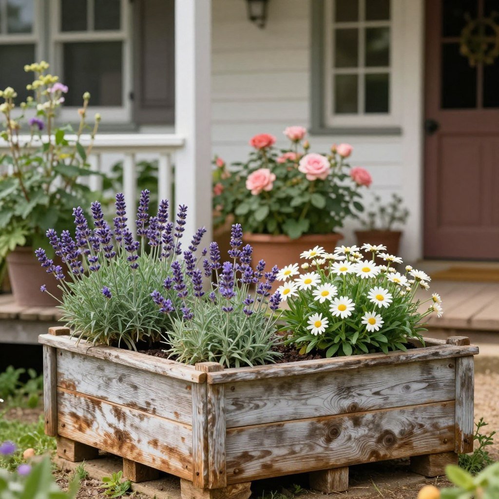 Rustic farmhouse garden with weathered cedar planters Rustic farmhouse garden with weathered cedar planters