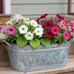 Rustic galvanized tub planter with colorful flowers on wooden porch steps