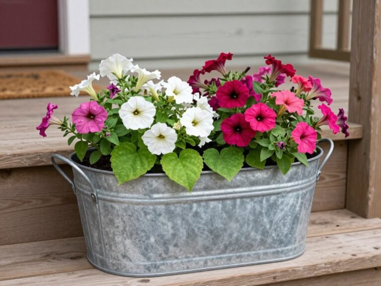 Rustic galvanized tub planter with colorful flowers on wooden porch steps