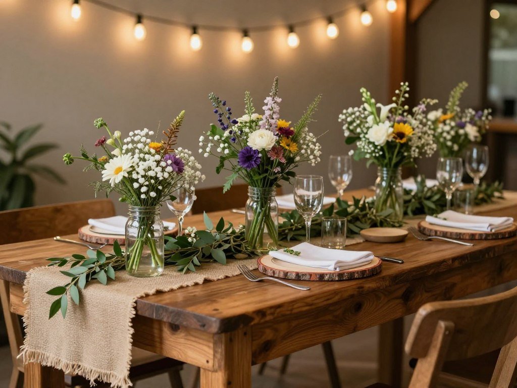 Rustic head table wedding decorations with wooden elements and wildflowers