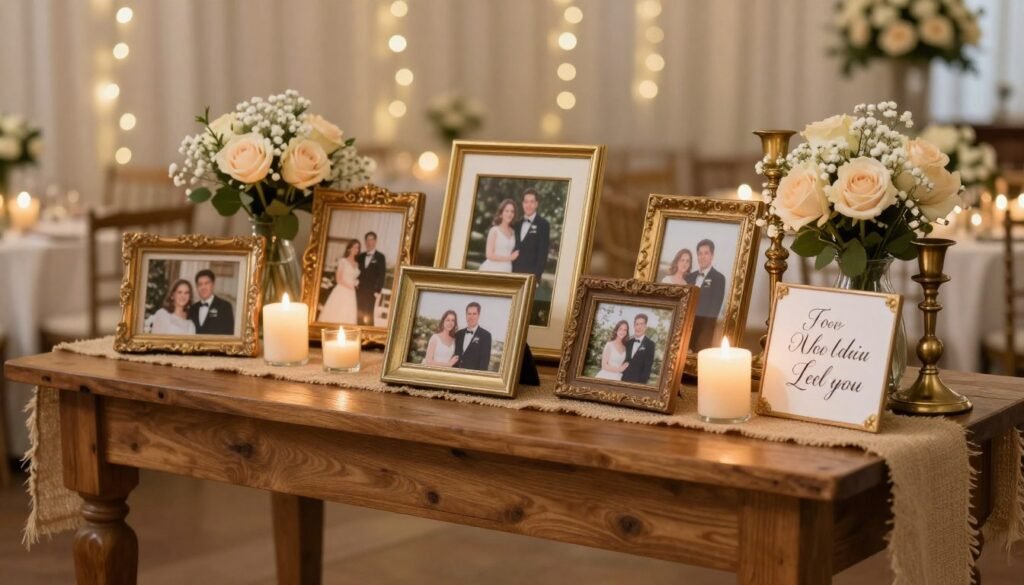 Rustic memorial table setup with photos flowers and candles Rustic memorial table setup with photos flowers and candles