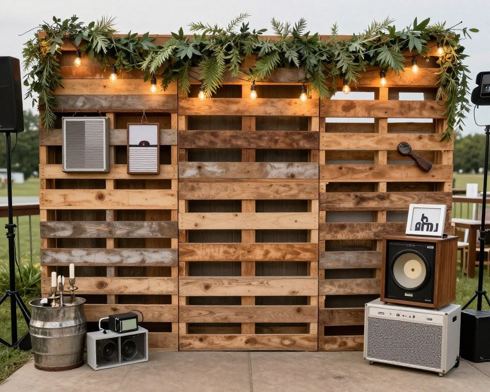 Rustic photo booth backdrop with wooden pallets and greenery