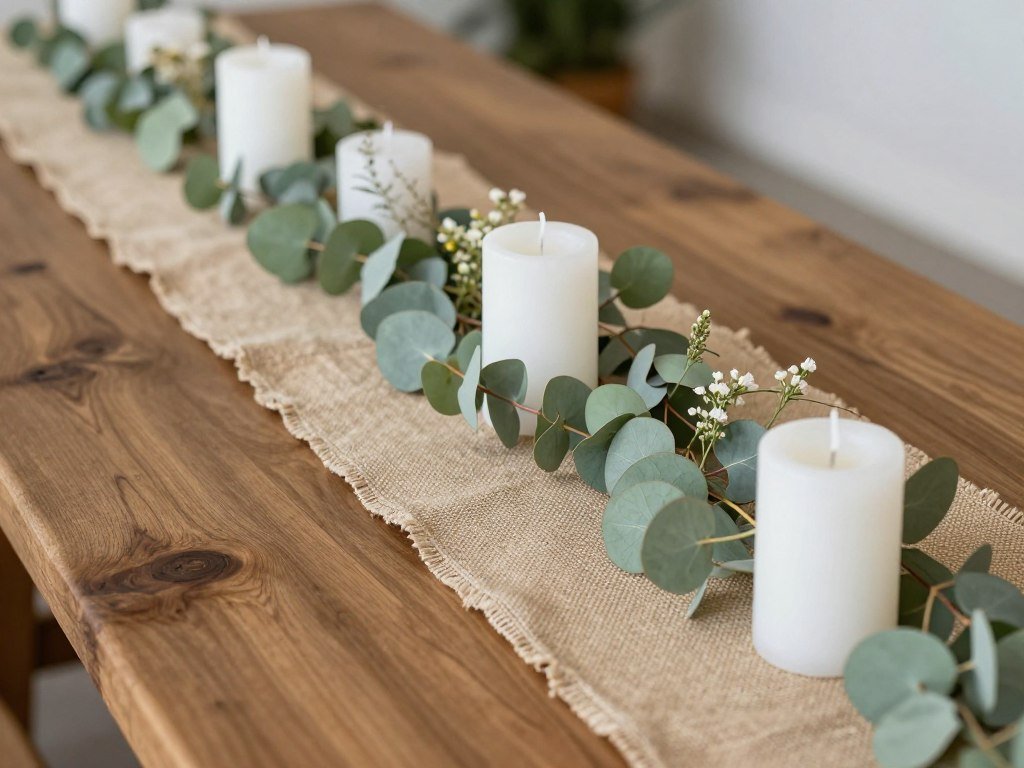 Rustic table runner made of burlap with greenery and candles