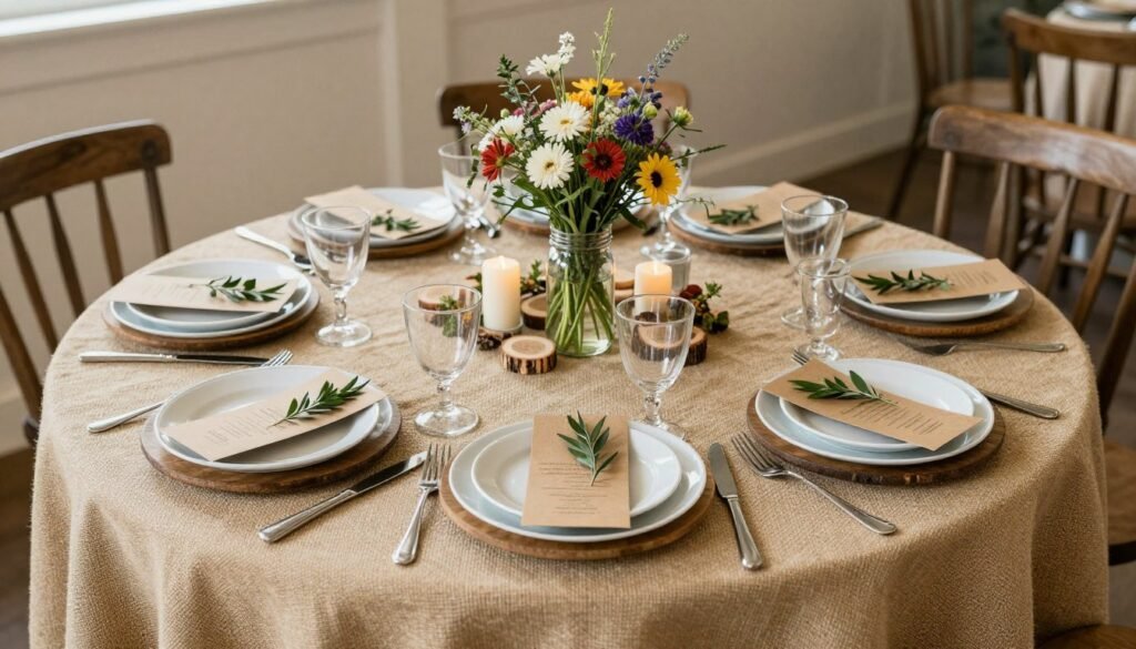Rustic themed round wedding table with wooden elements and wildflowers