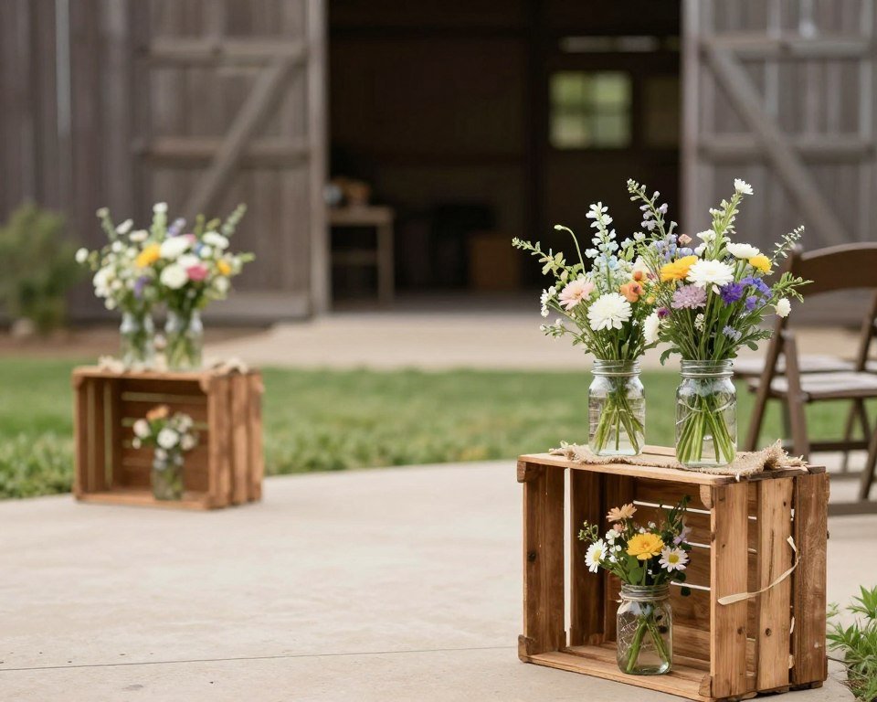 Rustic wedding aisle with wooden crates, mason jars with wildflowers, and burlap accents