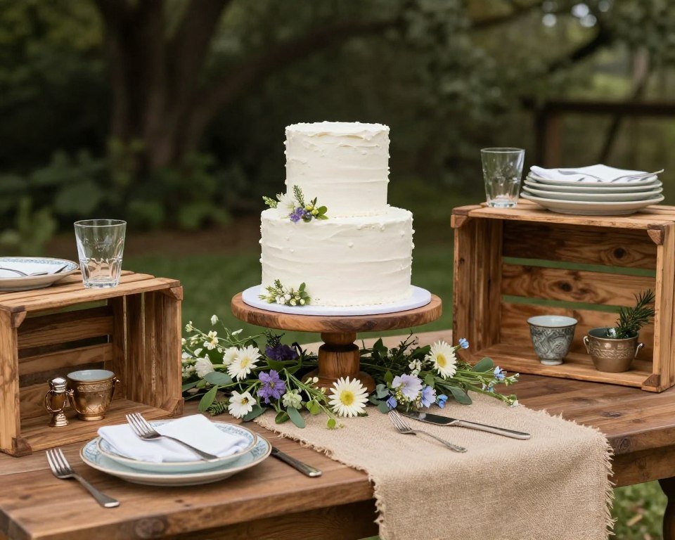 Rustic wedding cake table with wooden elements and wildflowers