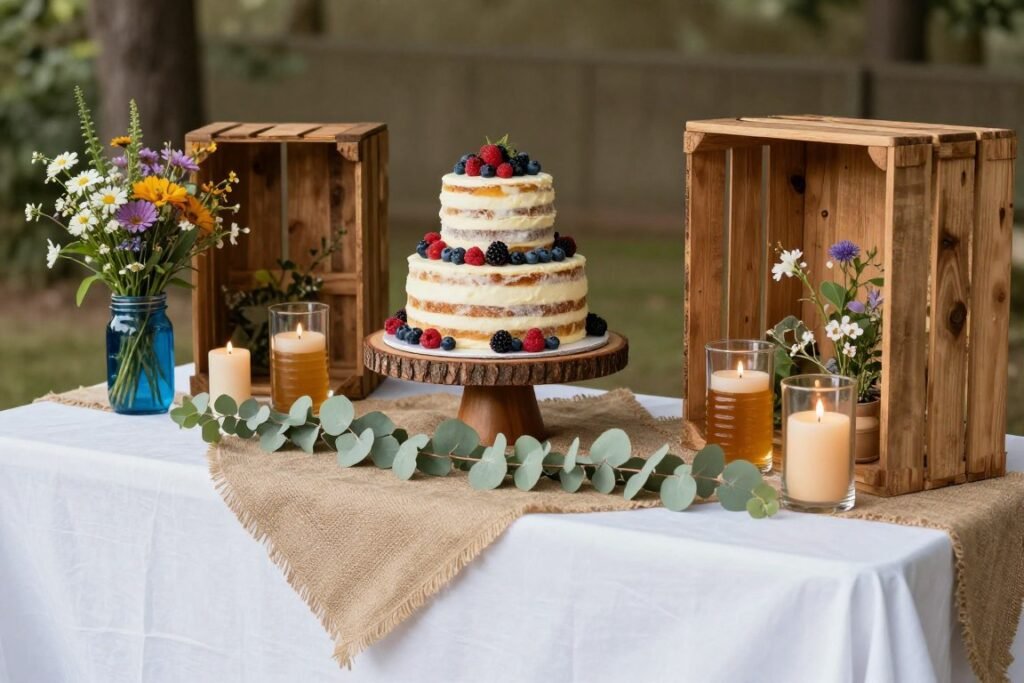 Rustic wedding cake table with wooden elements, wildflowers in mason jars, and natural textures