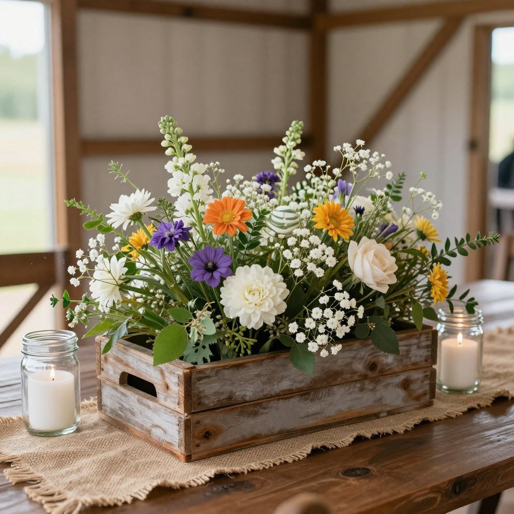 Rustic wedding centerpiece in wooden box